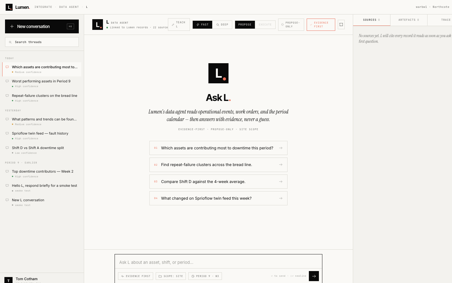 Ask L. — Lumen's evidence-first data agent with conversation history and sources panel