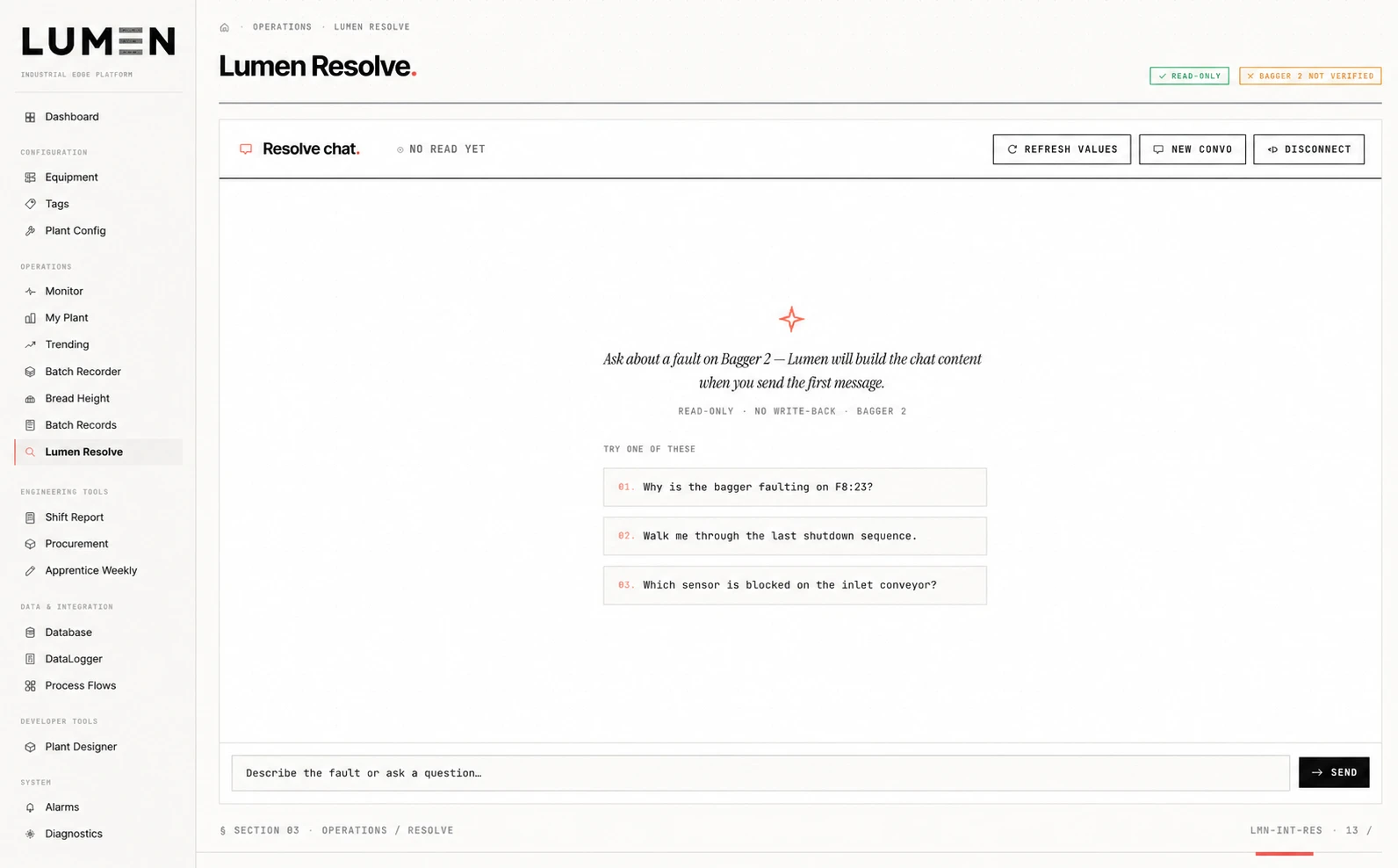 Lumen Resolve chat — read-only mode, with example fault questions for Bagger 2